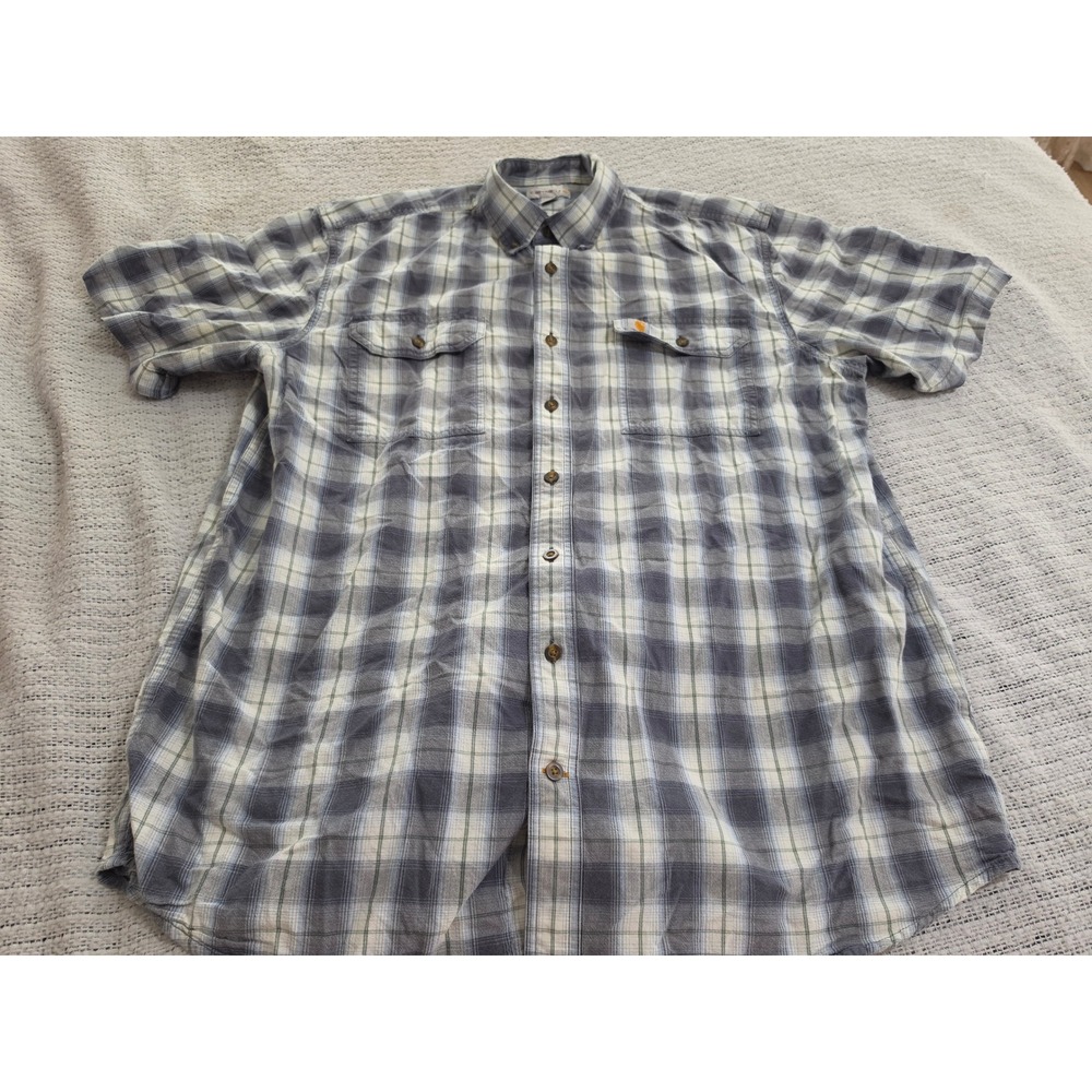 Carhartt Mens XL Tall Blue Plaid Short Sleeve Button Down Work Shirt XL TALL